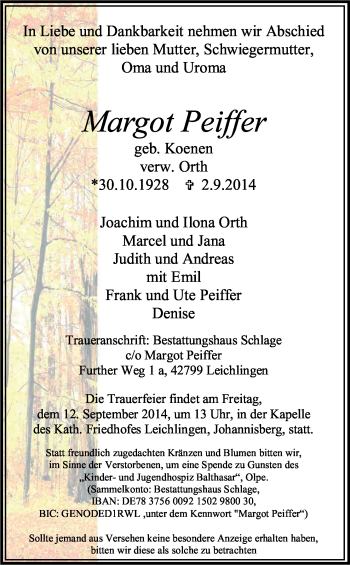 Anzeige von Margot Peiffer von Kölner Stadt-Anzeiger / Kölnische Rundschau / Express