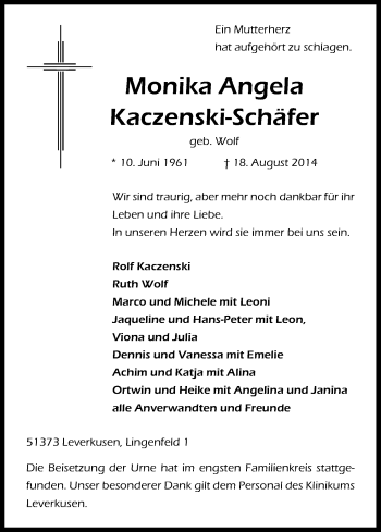 Anzeige von Monika Angela Kaczenski-Schäfer von Kölner Stadt-Anzeiger / Kölnische Rundschau / Express