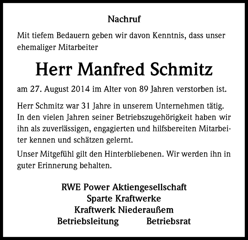  Traueranzeige für Manfred Schmitz vom 10.09.2014 aus Kölner Stadt-Anzeiger / Kölnische Rundschau / Express