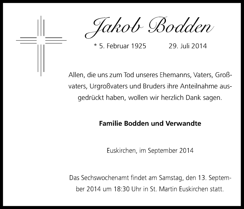 Traueranzeige für Jakob Bodden vom 06.09.2014 aus Kölner Stadt-Anzeiger / Kölnische Rundschau / Express