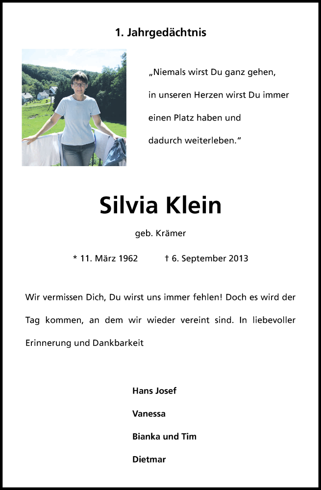  Traueranzeige für Silvia Klein vom 06.09.2014 aus Kölner Stadt-Anzeiger / Kölnische Rundschau / Express