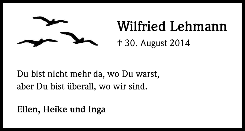  Traueranzeige für Wilfried Lehmann vom 06.09.2014 aus Kölner Stadt-Anzeiger / Kölnische Rundschau / Express
