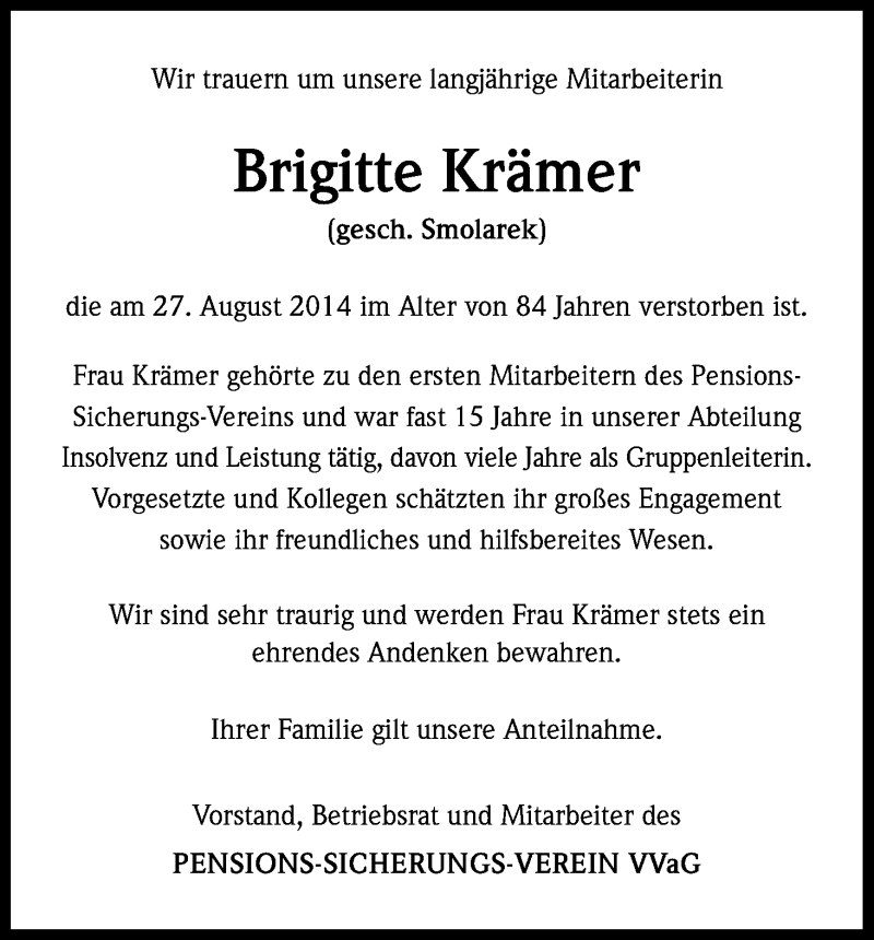  Traueranzeige für Brigitte Krämer vom 06.09.2014 aus Kölner Stadt-Anzeiger / Kölnische Rundschau / Express