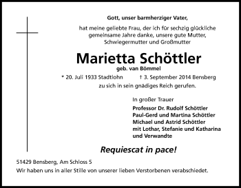 Anzeige von Marietta Schöttler von Kölner Stadt-Anzeiger / Kölnische Rundschau / Express