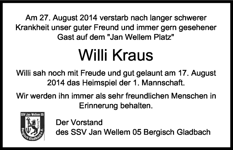  Traueranzeige für Willi Kraus vom 06.09.2014 aus Kölner Stadt-Anzeiger / Kölnische Rundschau / Express