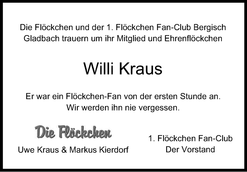  Traueranzeige für Willi Kraus vom 06.09.2014 aus Kölner Stadt-Anzeiger / Kölnische Rundschau / Express