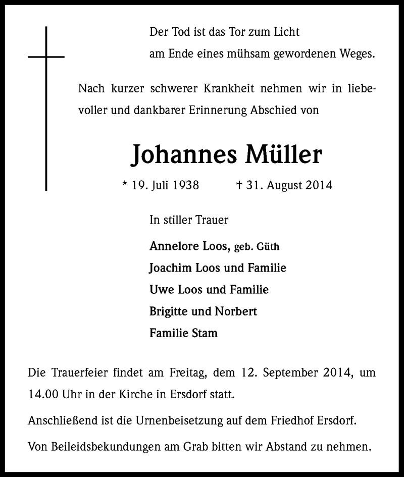  Traueranzeige für Johannes Müller vom 06.09.2014 aus Kölner Stadt-Anzeiger / Kölnische Rundschau / Express