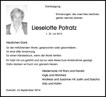 Anzeige von Lieselotte Potratz von Kölner Stadt-Anzeiger / Kölnische Rundschau / Express
