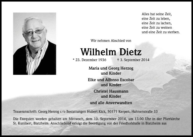  Traueranzeige für Wilhelm Dietz vom 06.09.2014 aus Kölner Stadt-Anzeiger / Kölnische Rundschau / Express