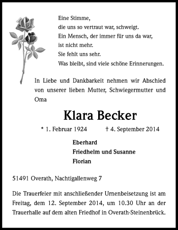 Anzeige von Klara Becker von Kölner Stadt-Anzeiger / Kölnische Rundschau / Express