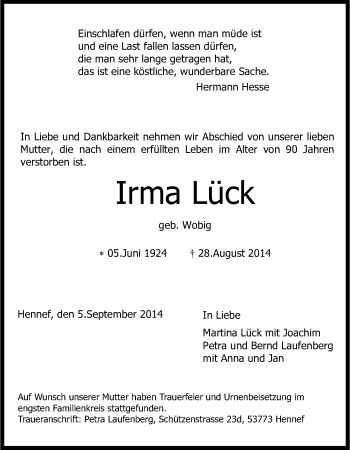 Anzeige von Irma Lück von Kölner Stadt-Anzeiger / Kölnische Rundschau / Express