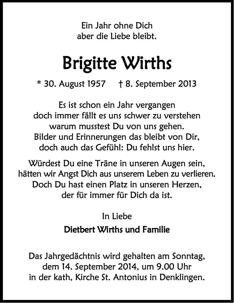  Traueranzeige für Brigitte Wirths vom 06.09.2014 aus Kölner Stadt-Anzeiger / Kölnische Rundschau / Express