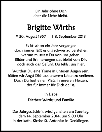 Anzeige von Brigitte Wirths von Kölner Stadt-Anzeiger / Kölnische Rundschau / Express