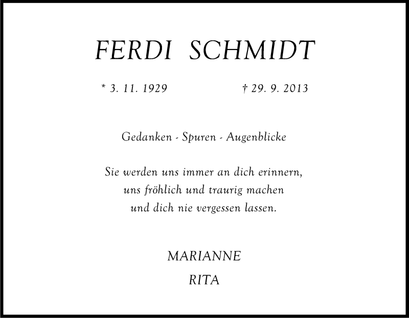  Traueranzeige für Ferdi Schmidt vom 29.09.2014 aus Kölner Stadt-Anzeiger / Kölnische Rundschau / Express