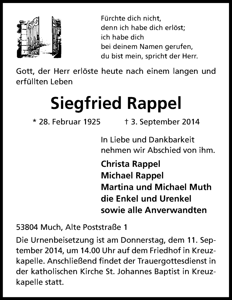  Traueranzeige für Siegfried Rappel vom 06.09.2014 aus Kölner Stadt-Anzeiger / Kölnische Rundschau / Express