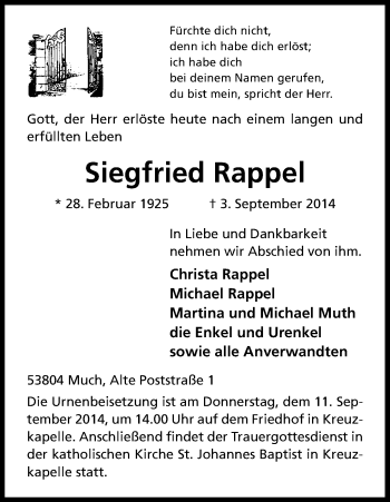 Anzeige von Siegfried Rappel von Kölner Stadt-Anzeiger / Kölnische Rundschau / Express