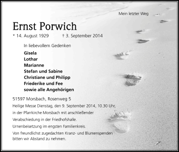 Anzeige von Ernst Porwich von Kölner Stadt-Anzeiger / Kölnische Rundschau / Express