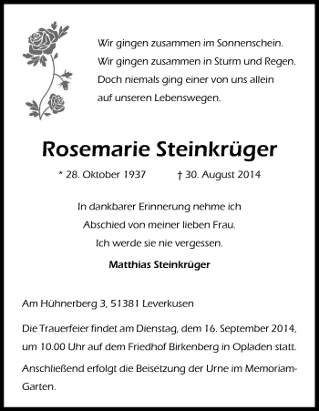 Anzeige von Rosemarie Steinkrüger von Kölner Stadt-Anzeiger / Kölnische Rundschau / Express