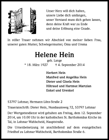 Anzeige von Helene Hein von Kölner Stadt-Anzeiger / Kölnische Rundschau / Express