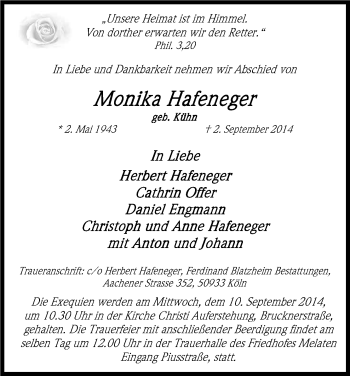 Anzeige von Monika Hafeneger von Kölner Stadt-Anzeiger / Kölnische Rundschau / Express