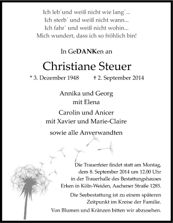 Anzeige von Christiane Steuer von Kölner Stadt-Anzeiger / Kölnische Rundschau / Express
