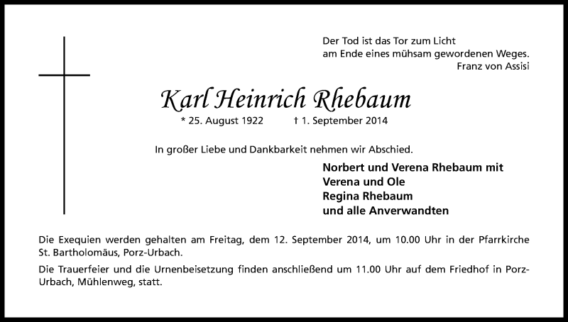  Traueranzeige für Karl Heinrich Rhebaum vom 06.09.2014 aus Kölner Stadt-Anzeiger / Kölnische Rundschau / Express