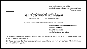 Anzeige von Karl Heinrich Rhebaum von Kölner Stadt-Anzeiger / Kölnische Rundschau / Express