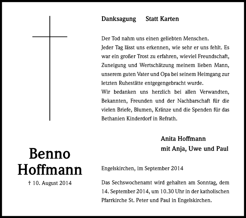  Traueranzeige für Benno Hoffmann vom 06.09.2014 aus Kölner Stadt-Anzeiger / Kölnische Rundschau / Express