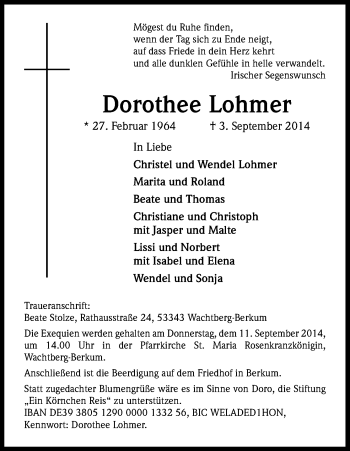 Anzeige von Dorothee Lohmer von Kölner Stadt-Anzeiger / Kölnische Rundschau / Express
