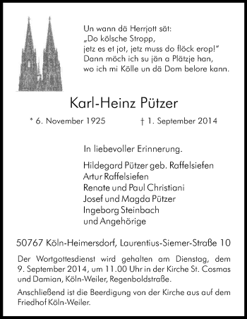 Anzeige von Karl-Heinz Pützer von Kölner Stadt-Anzeiger / Kölnische Rundschau / Express