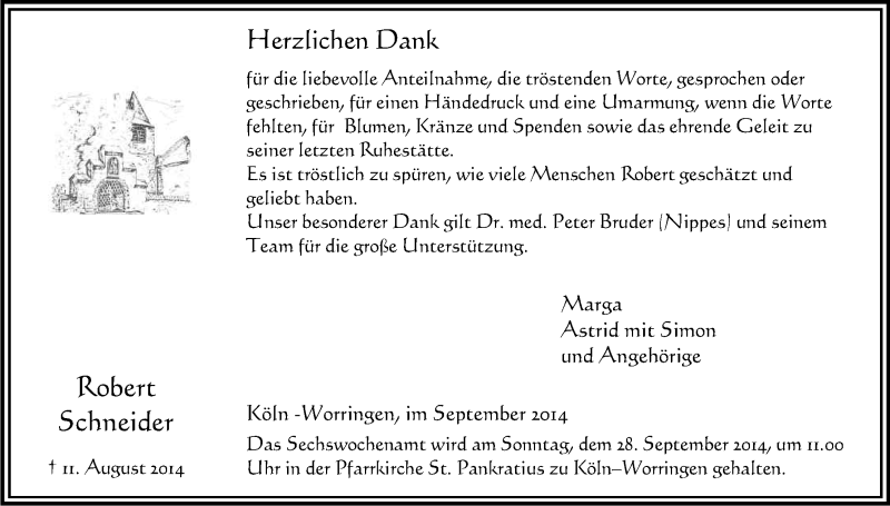  Traueranzeige für Robert Schneider vom 20.09.2014 aus Kölner Stadt-Anzeiger / Kölnische Rundschau / Express