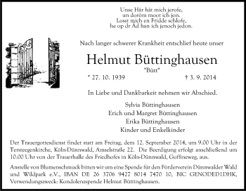 Anzeige von Helmut Büttinghausen von Kölner Stadt-Anzeiger / Kölnische Rundschau / Express