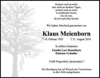 Anzeige von Klaus Meienborn von Kölner Stadt-Anzeiger / Kölnische Rundschau / Express