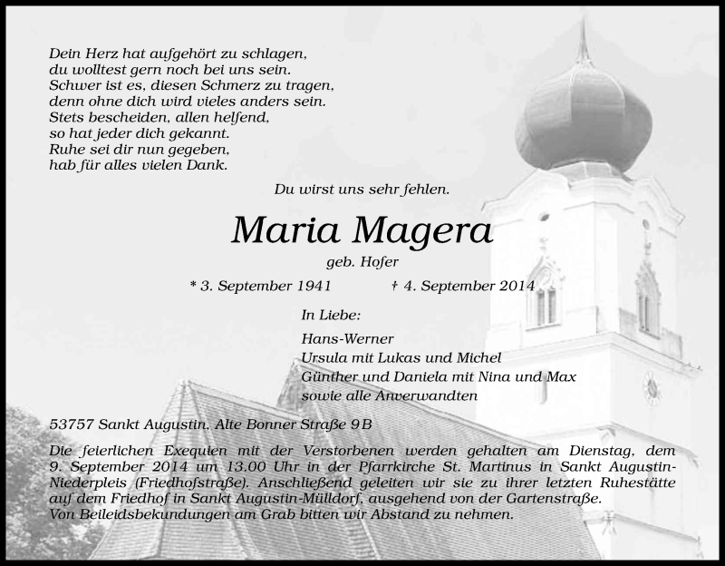  Traueranzeige für Maria Magera vom 06.09.2014 aus Kölner Stadt-Anzeiger / Kölnische Rundschau / Express