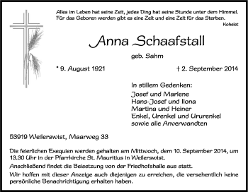 Anzeige von Anfla Schaafstall von Kölner Stadt-Anzeiger / Kölnische Rundschau / Express