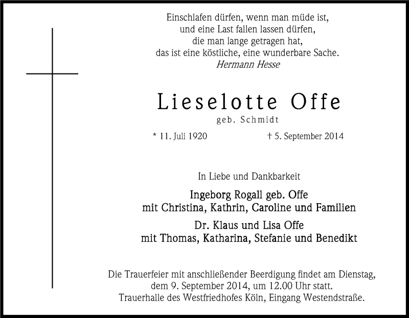  Traueranzeige für Lieselotte Offe vom 06.09.2014 aus Kölner Stadt-Anzeiger / Kölnische Rundschau / Express
