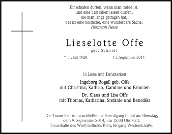 Anzeige von Lieselotte Offe von Kölner Stadt-Anzeiger / Kölnische Rundschau / Express