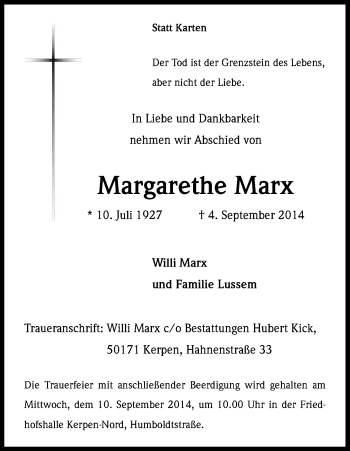 Anzeige von Margarethe Marx von Kölner Stadt-Anzeiger / Kölnische Rundschau / Express