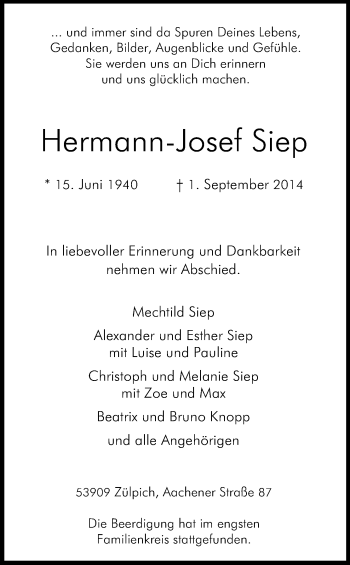 Anzeige von Hermann-Josef Siep von Kölner Stadt-Anzeiger / Kölnische Rundschau / Express