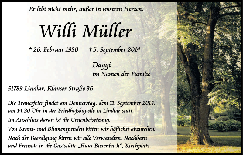  Traueranzeige für Willi Mütter vom 06.09.2014 aus Kölner Stadt-Anzeiger / Kölnische Rundschau / Express