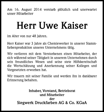 Anzeige von Uwe Kaiser von Kölner Stadt-Anzeiger / Kölnische Rundschau / Express