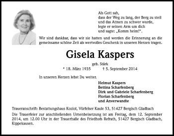 Anzeige von Gisela Kaspers von Kölner Stadt-Anzeiger / Kölnische Rundschau / Express