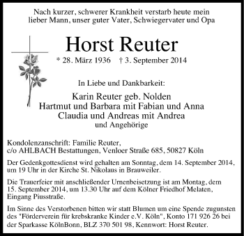 Anzeige von Horst Reuter von Kölner Stadt-Anzeiger / Kölnische Rundschau / Express