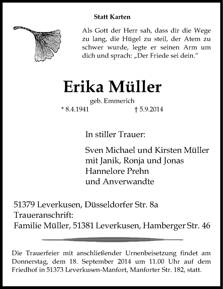 Traueranzeige für Erika Müller vom 11.09.2014 aus Kölner Stadt-Anzeiger / Kölnische Rundschau / Express