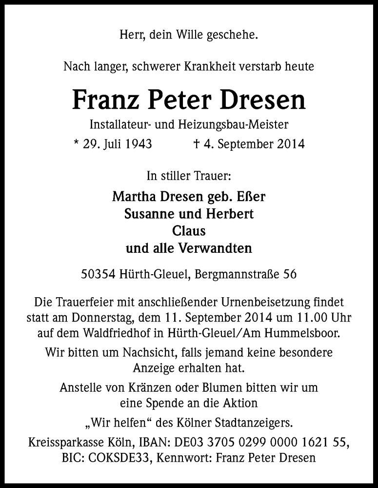  Traueranzeige für Franz Peter Dresen vom 08.09.2014 aus Kölner Stadt-Anzeiger / Kölnische Rundschau / Express