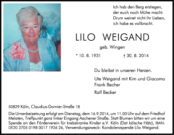 Anzeige von Lilo Weigand von Kölner Stadt-Anzeiger / Kölnische Rundschau / Express