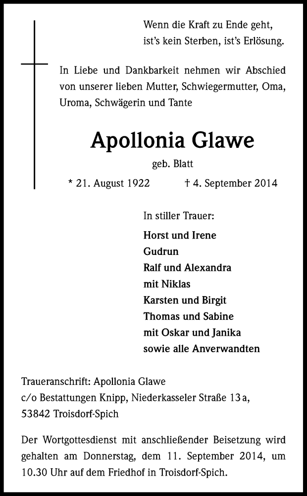  Traueranzeige für Apollonia Glawe vom 08.09.2014 aus Kölner Stadt-Anzeiger / Kölnische Rundschau / Express