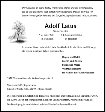 Anzeige von Adolf Latus von Kölner Stadt-Anzeiger / Kölnische Rundschau / Express