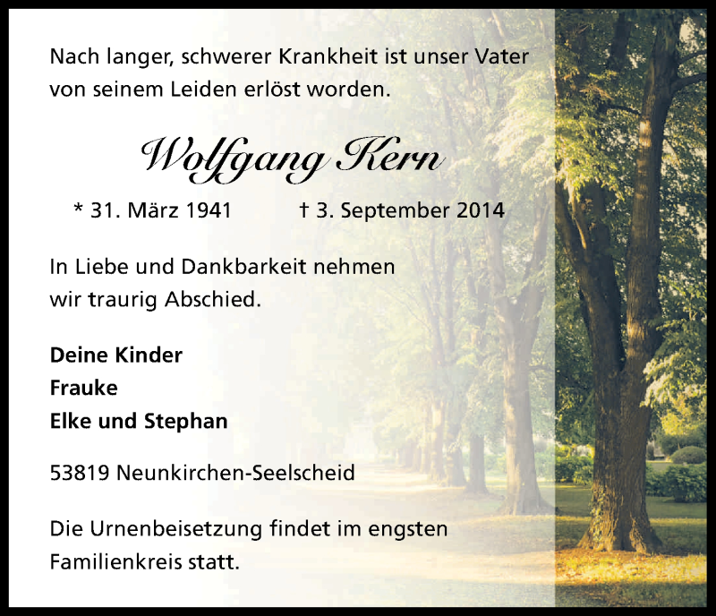  Traueranzeige für Wolfgang Kern vom 08.09.2014 aus Kölner Stadt-Anzeiger / Kölnische Rundschau / Express