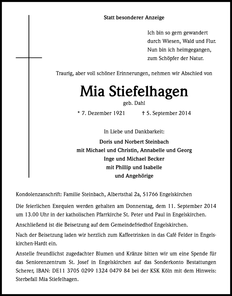  Traueranzeige für Mia Stiefelhagen vom 08.09.2014 aus Kölner Stadt-Anzeiger / Kölnische Rundschau / Express
